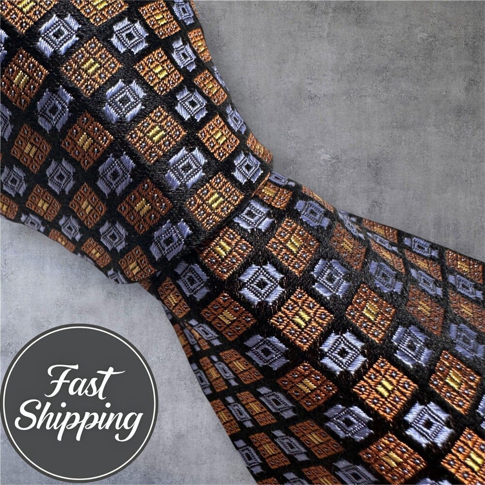 ROBERT TALBOTT  Tie Geometric 100% Silk Necktie Tan/Black/Blue